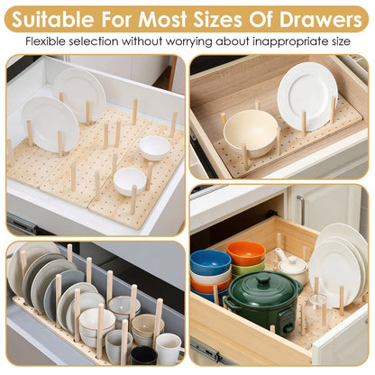 Oqqlin 4 Pcs Pegboard Drawer Organizer with 48 Pegs, 20.98x5.91 Inch Wooden Peg Board Kitchen Plate Organizer for Drawer Pegboard Storage Rack with Adjustable Peg for Tableware, Plate, Bowl, Cookware