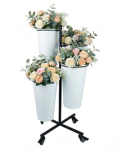 vensovo Flower Bucket Stand with 4 White Buckets, 33" Black Metal Flower Display Stand for Bloom Bar, Wedding Flower Display, Florist Shop, Event & Party Decor