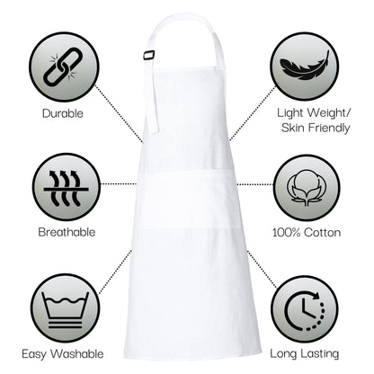 RAJRANG 100% Cotton White Apron with 3 Pockets Chef Restaurant Kitchen BBQ Backing Cooking Painting and Crafting Aprons Pack of 5