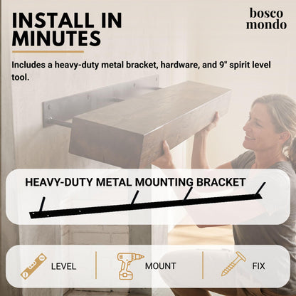 BoscoMondo Solid Wood Fireplace Mantel Shelf, Floating Mantle for Living Room, Farmhouse Rustic Wood Mantel, Easy Wall Mount with Heavy-Duty Metal Bracket (48", Walnut)
