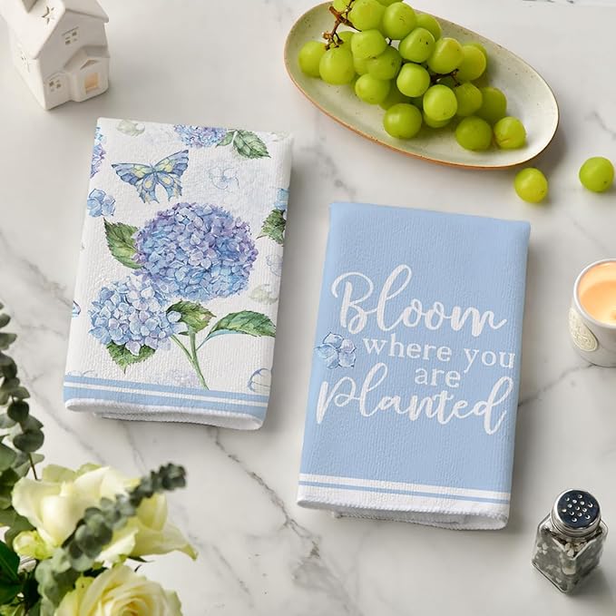 Artoid Mode Blue Hydrangea Motto Spring Kitchen Towels Dish Towels, 18x26 Inch