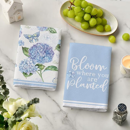 Artoid Mode Blue Hydrangea Motto Spring Kitchen Towels Dish Towels, 18x26 Inch