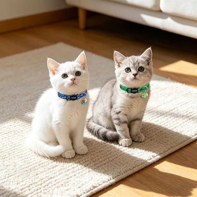 2 Pack Cotton Kitten Collars with Bells and Removable Charms, Cute Dinosaurs Collar for Indoor Boy, Girl and Adult Cats，Adjustable Kitten Collar 7-12 Inch