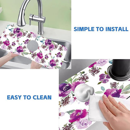 Watercolor Purple Flowers Faucet Absorbing Mat Splash Guard Draining Mat Fast