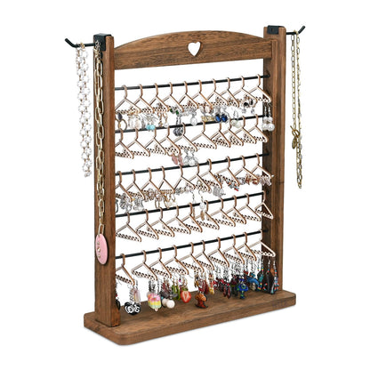 Ikee Design Wooden 120 pairs Earrings Display Stand, Jewelry Necklace Display Rack, Jewelry Organizer with 60 Mini Hangers and 2 Removable Hooks, Brown Color, 12.2W x 4.7D x 16.3H in
