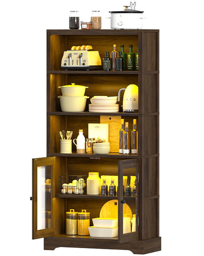 TVU 5-Tier Bookshelf, 65" Bookshelf with Multi-Color Ambient Lights (APP Remote Control), Tall Display Shelf with Cabinet Doors, Suitable for Living Room, Bedroom, Study, Office, Rustic Brown