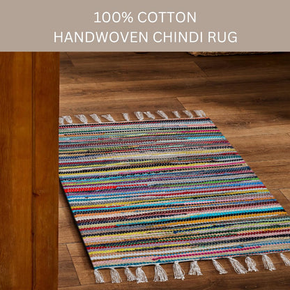 CottonCove Cotton Chindi Rug - Boho Rustic Area Accent Throw Rug - Area Floor Carpet for Bedroom Living Room Kitchen Dorm Entryway Hallway - 20x32 inch Hand Woven Reversible Area Rug Multi Color