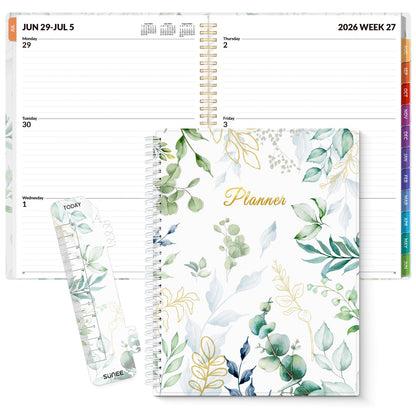 SUNEE Academic Planner 2026-2027 – Weekly & Monthly Planner, July 2026 to June 2027, 8.5"x11", Thick Paper, Tabs, Pockets, Bookmark, Spiral-Bound, Student Teacher Organizer, Greenery