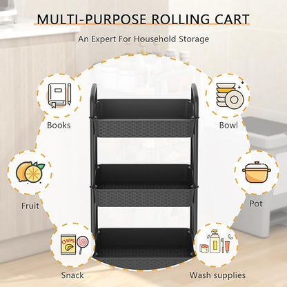 MOYIPIN 3-Tier Plastic Rolling Utility Cart with Handle,Utility Storage Cart for Office, Living Room, Kitchen,Movable Storage Organizer Shelves,Black