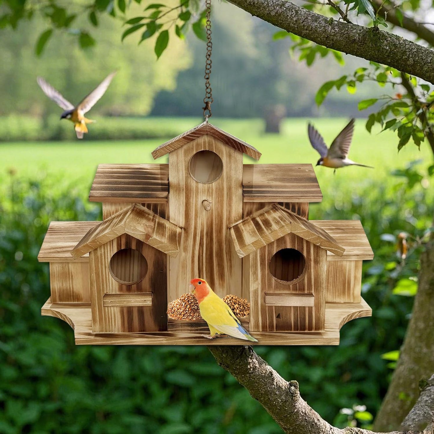Wooden Bird House for Outside, 7-Compartment Large Birdhouse Castle with Perches, Weatherproof Burnt Wood Hanging Bird Nest for Garden Patio, Decorative Bird Shelter for Bluebird, Finch, Sparrow