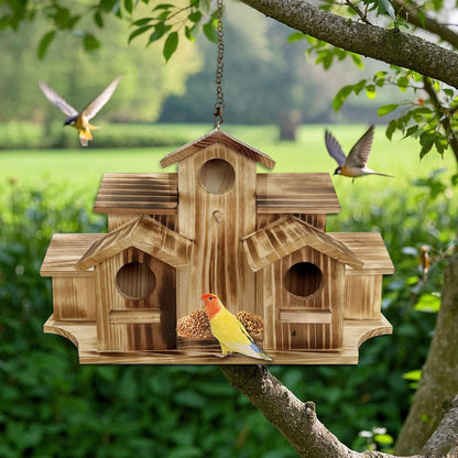 Wooden Bird House for Outside, 7-Compartment Large Birdhouse Castle with Perches, Weatherproof Burnt Wood Hanging Bird Nest for Garden Patio, Decorative Bird Shelter for Bluebird, Finch, Sparrow