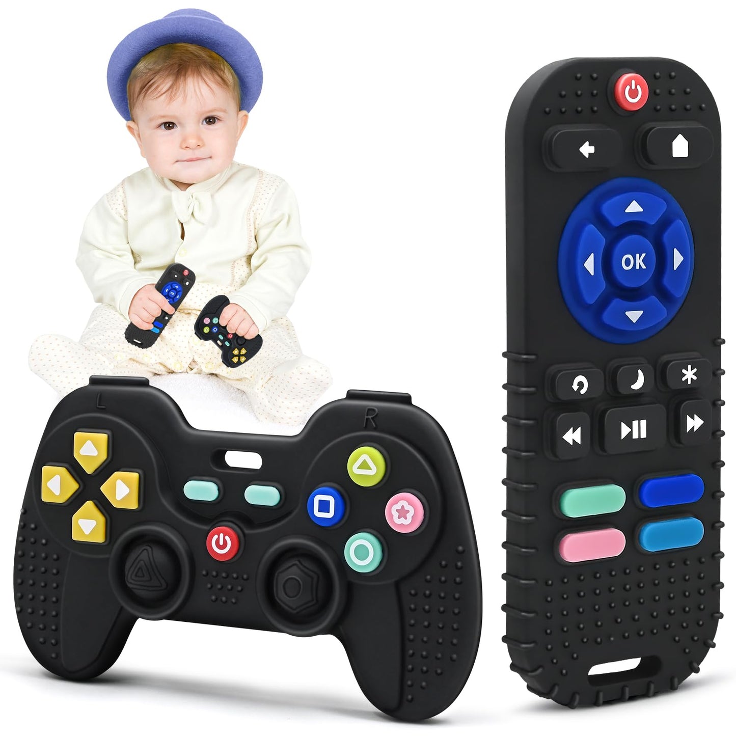 AiTuiTui Teething Relief Teethers Toys for Babies 3 6 9 12 Months Gifts, Silicone Sensory Teether Remote Control & Game Controller Baby Bath Toys for Newborn Infant Toddler Boy Girl Autism Birthday