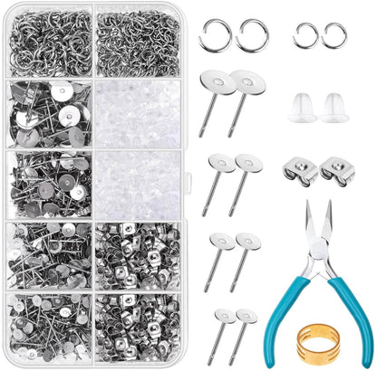 Caffox Hypoallergenic Earring Posts and Backs, 1800pcs Stainless Steel Stud Earring Kit with Earring Base Studs, Earring Backs and Jump Rings for Clay, Resin, Pearls, Jewelry Making and Crafting