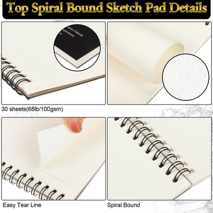 Humyoun 24 Pcs Top Spiral Bound Sketch Pad with Drawing Pencils Set, 5.5 x 8.5 Inch Sketchbook, 68lb(100gsm) Thick Paper, Charcoal & Graphite Pencils (12B-4H) for Shading, Artists & Beginners