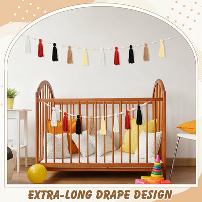 Suncalla 2 Pcs Tassel Garland with Wood Beads, 6.89 ft Handmade Cotton Yarn Wall Hanging Banner Boho Tassel Wall Party Decor for Nursery Baby Shower Classroom Birthday Home Decoration(Retro)