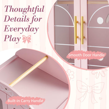 ROBOTIME 18 Inch Doll Closet, Wooden Doll Furniture Wardrobe with Mirror & Hangers, Pink Doll Clothes Storage Armoire, Doll Furniture for 18 Inch Dolls