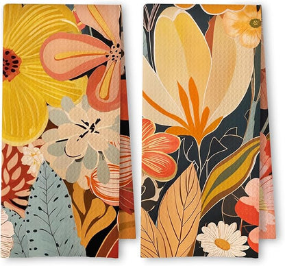 Abstract Boho Floral Kitchen Towels Set of 2, Maximalist Colorful Flower Hand
