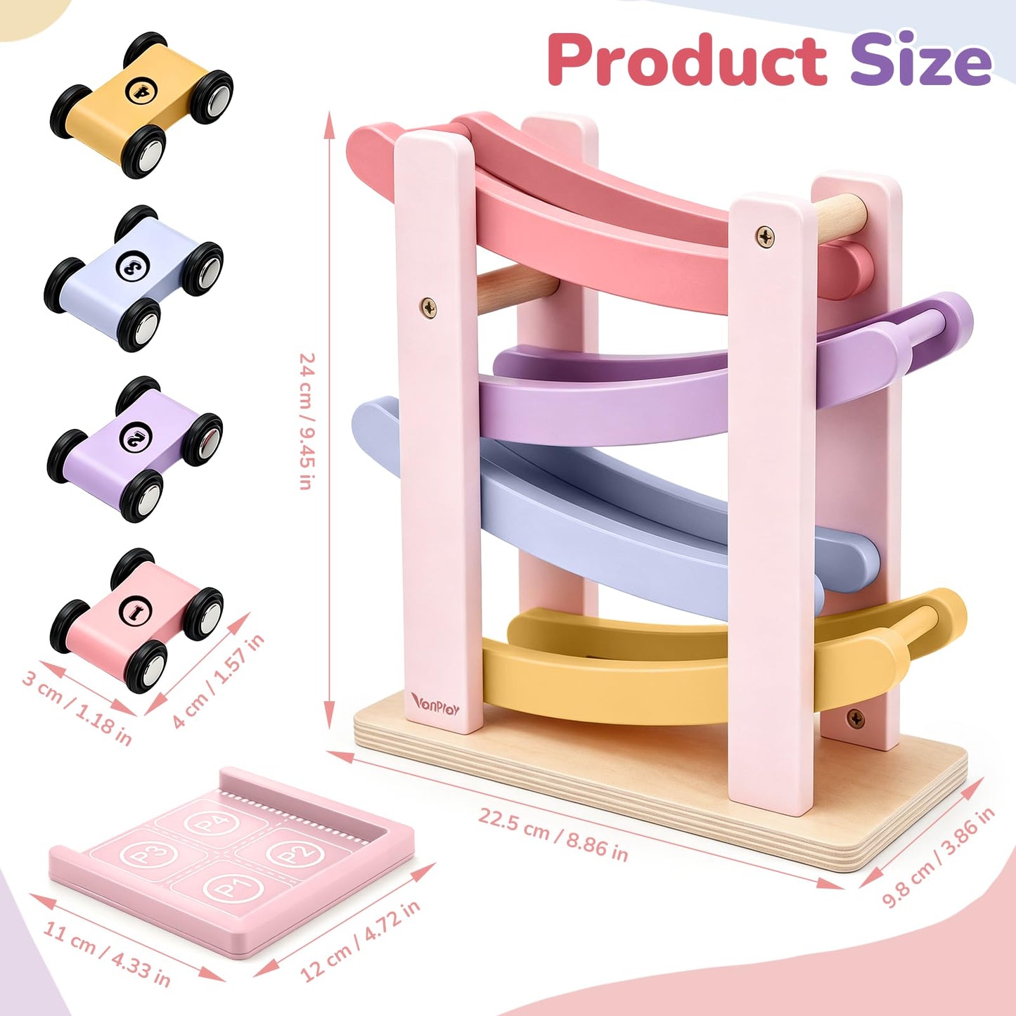 Vanplay Car Ramp Toys for One Year Old Girl Birthday Gifts, Montessori Toys for 1 2 Year Old, Wooden Race Track Truck Toy with 4 Mini Cars, First Christmas Birthday Gifts for Toddler Girl Toys 1-3-2-4