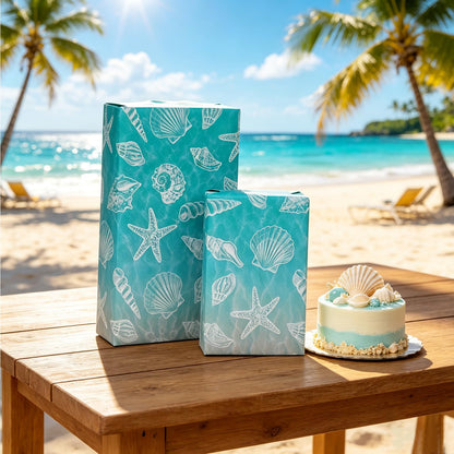Beach Seashell Wrapping Paper Roll - 17Inch x 16.5Ft - Ocean Themed Gift Wrap Paper, Sea Shell Printed Gift Packing Supplies for Coastal Wedding Summer Beach Birthday Party Crafts Decorations