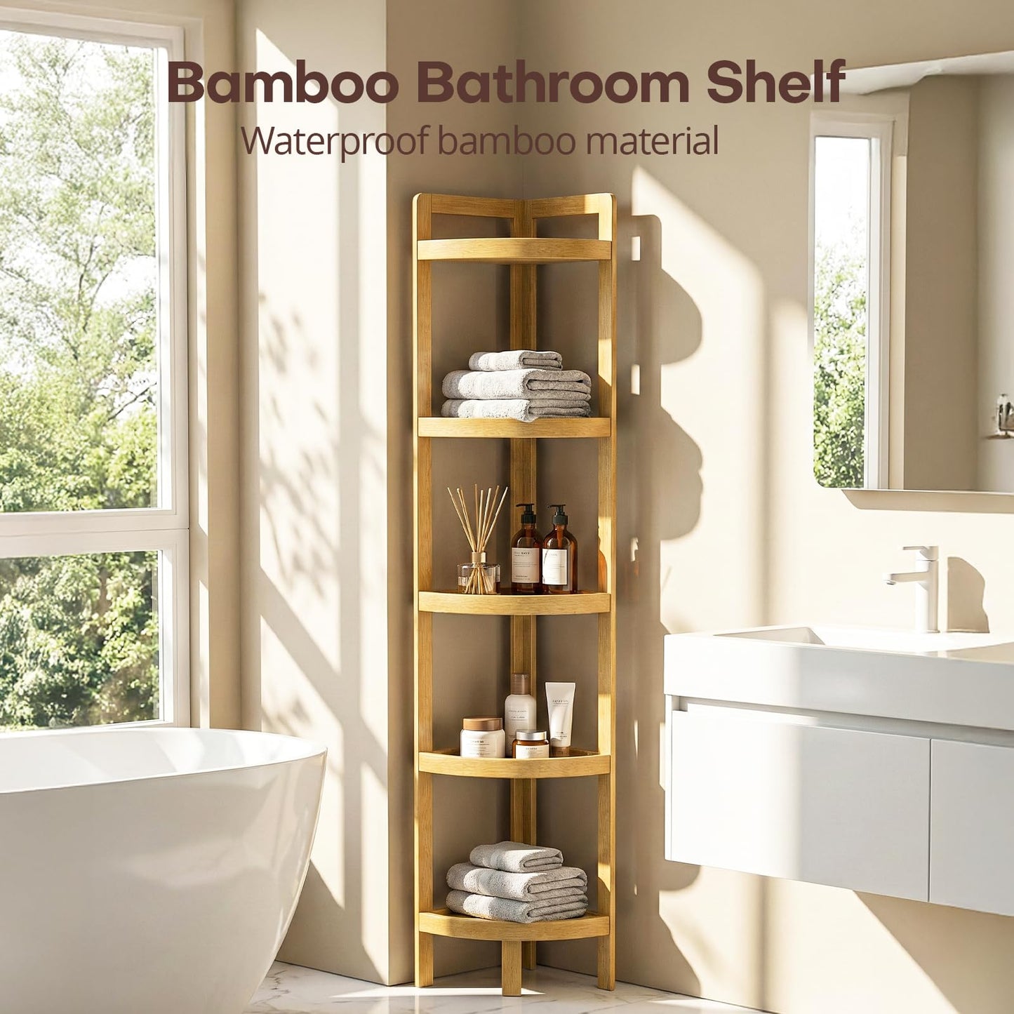 2026 New Bamboo Standing Shelf, 5 Tier Corner Shelf Stand, Free-Standing Shelf Units, Triangular Curved Corner Shelf Stand for Space-Saaving Display Ideal for Bathroom/Kitchen/Living Room Storage