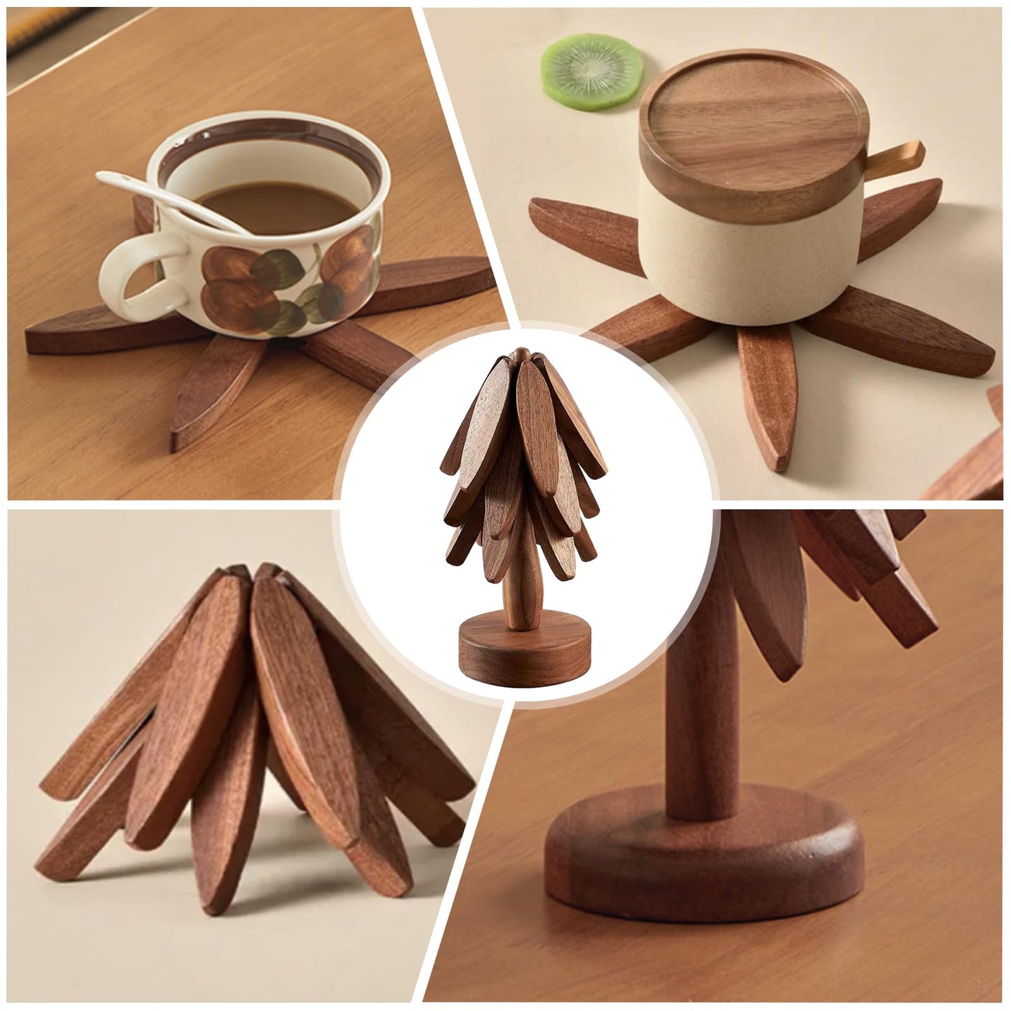 Wooden Tree Coasters, Trivets for Hot Dishes, Trivets for Hot Pots and Pans, Wooden Tree Trivet Set - 3 or 4 Wooden Trivet + 1 Stand, Christmas Coasters (Walnut,4pcs-A)