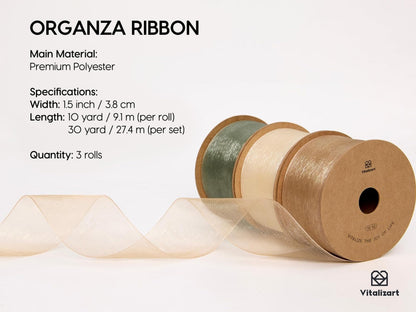 Vitalizart Organza Ribbon 1.5" x 30 Yd Cream White Rose Gold & Dusty Green Sheer Ribbons for Gift Wrapping Crafts Christmas Party Decor Bows Wedding Invitations Wreaths Bouquet