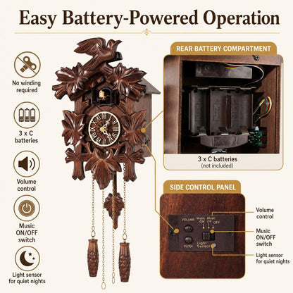 Cuckoopro Cuckoo Clock, Black Forest Style Wooden Pendulum Quartz Wall Clock, Volume Control, Night Silent, Gift Package, Professional Service