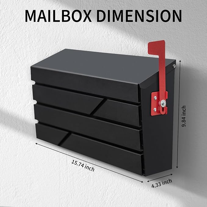 Wall Mount Mailbox for House Outside, Large Capacity Mailbox with Flag Drop Box, Galvanized Steel and Rust-Proof Metal Post Box, 15.74"x9.84"x4.33", Black, MD065