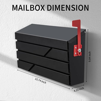 Wall Mount Mailbox for House Outside, Large Capacity Mailbox with Flag Drop Box, Galvanized Steel and Rust-Proof Metal Post Box, 15.74"x9.84"x4.33", Black, MD065