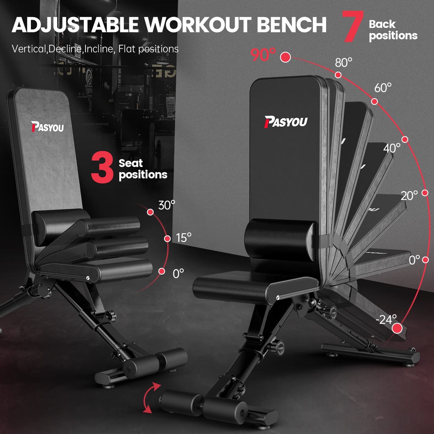 PASYOU Adjustable Weight Bench Full Body Workout Multi-Purpose Foldable Incline Decline Exercise Workout Bench for Home Gym