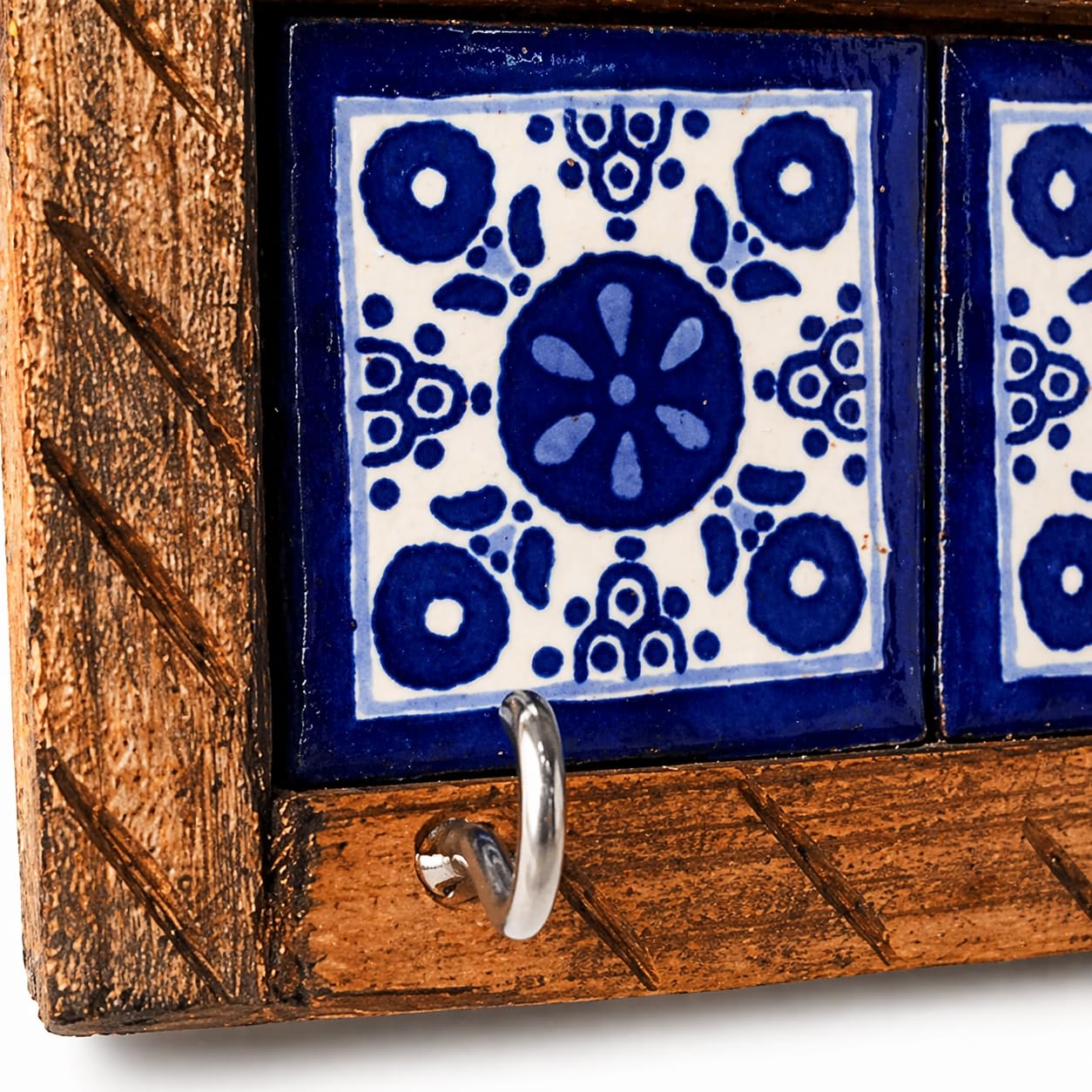 Casa Fiesta Designs Mexican Talavera Key Holder – Handcrafted Wooden & Ceramic Wall Organizer with 3 Metal Hooks – Blue & White Tile Design – Rustic Home Décor - Portallaves 4 Azulejos Azules