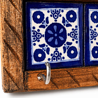 Casa Fiesta Designs Mexican Talavera Key Holder – Handcrafted Wooden & Ceramic Wall Organizer with 3 Metal Hooks – Blue & White Tile Design – Rustic Home Décor - Portallaves 4 Azulejos Azules