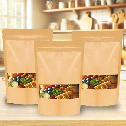 Kraft Paper Bags with Window 100 Pack - Resealable Food Grade Brown Pouches, 5.5x7.9 Inch Eco-Friendly Stand Up Packaging Bags for Coffee, Bakeries, Retail Displays & Small Business Storage