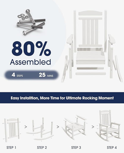 KINGYES Oversized Patio Rocking Chair Set of 2, High Density Polyethylene Outdoor Rocking Chairs with 330lbs Support for Adults, White