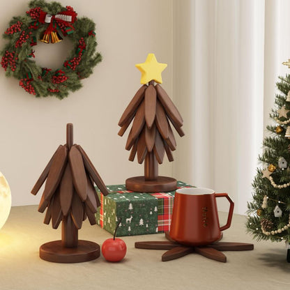 Trivets for Hot Dishes, Upgraded Foldable Wooden Coaster Set Walnut Wood Christmas Tree Trivet Stand Home Decoration for Hot Pots Bowl and Pan (4 Trivets)