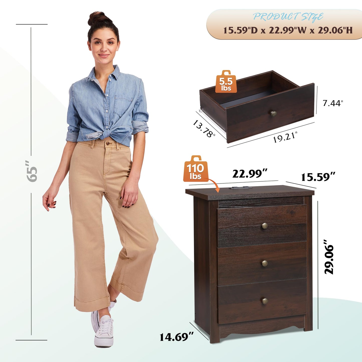 WLIVE Tall Nightstand with Charging Station, Wood Night Stand with 3 Drawers Storage, Bedside Table End Side Tables with 2 USB Ports and Outlets for Bedroom, Closet, Espresso