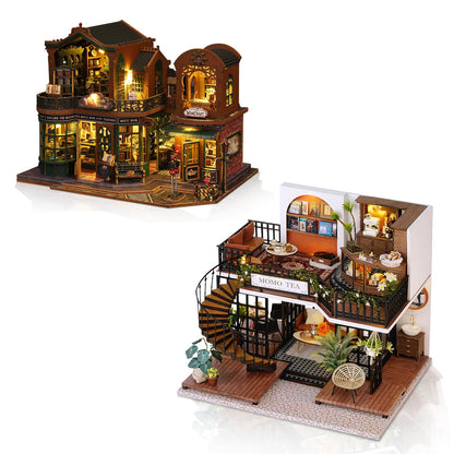 Hallisun DIY Miniature House Building Kits, Twilight Book City and Momo Tea House 3D Wooden Dollhouse Toys, Birthday Festival Gift for Teens Adults with Dustproof Covers
