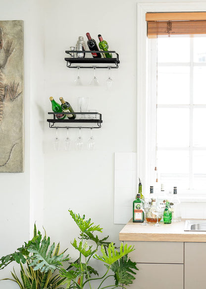Mkono Wall Mounted Wine Rack Set of 2 Wood Shelf Rustic Wine Bottle Glass Floating Shelves with Stemware Hanger Modern Plants Photos Wine Display Storage Holder for Kitchen Dining Room Bar, Black