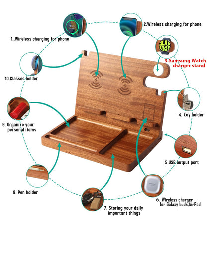 Desk Organizer with 4 Wireless Charging Station for Samsung Devices,27W Dual Wireless Charger Fast Charging for 2 Phones,Galaxy Watch 7/6/5/4/3/2,TWS Box,Wood Phone Docking Station,Gifts for Men Dad