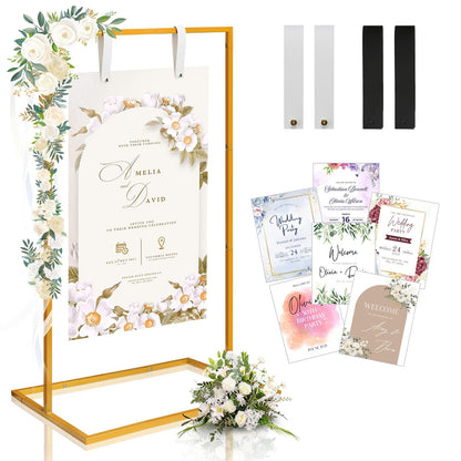 Wedding Sign Holder - Adjustable Welcome to Our Wedding Sign Stand Stand with 39 Premium Templates & Leather Straps, 64"x 30"x 20" Heavy Duty Easel Stand for Sign Display Poster, Wedding, Birthday