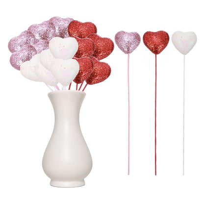 MECCANIXITY 24 Pcs Glitter Heart Shaped Picks Puffy Foam Hearts Floral Sparkly Stick for Valentine's Day Wedding Decor Home Vase Supplies Flower Arrangements Craft (Red/Pink/White, 4cm x 22cm)