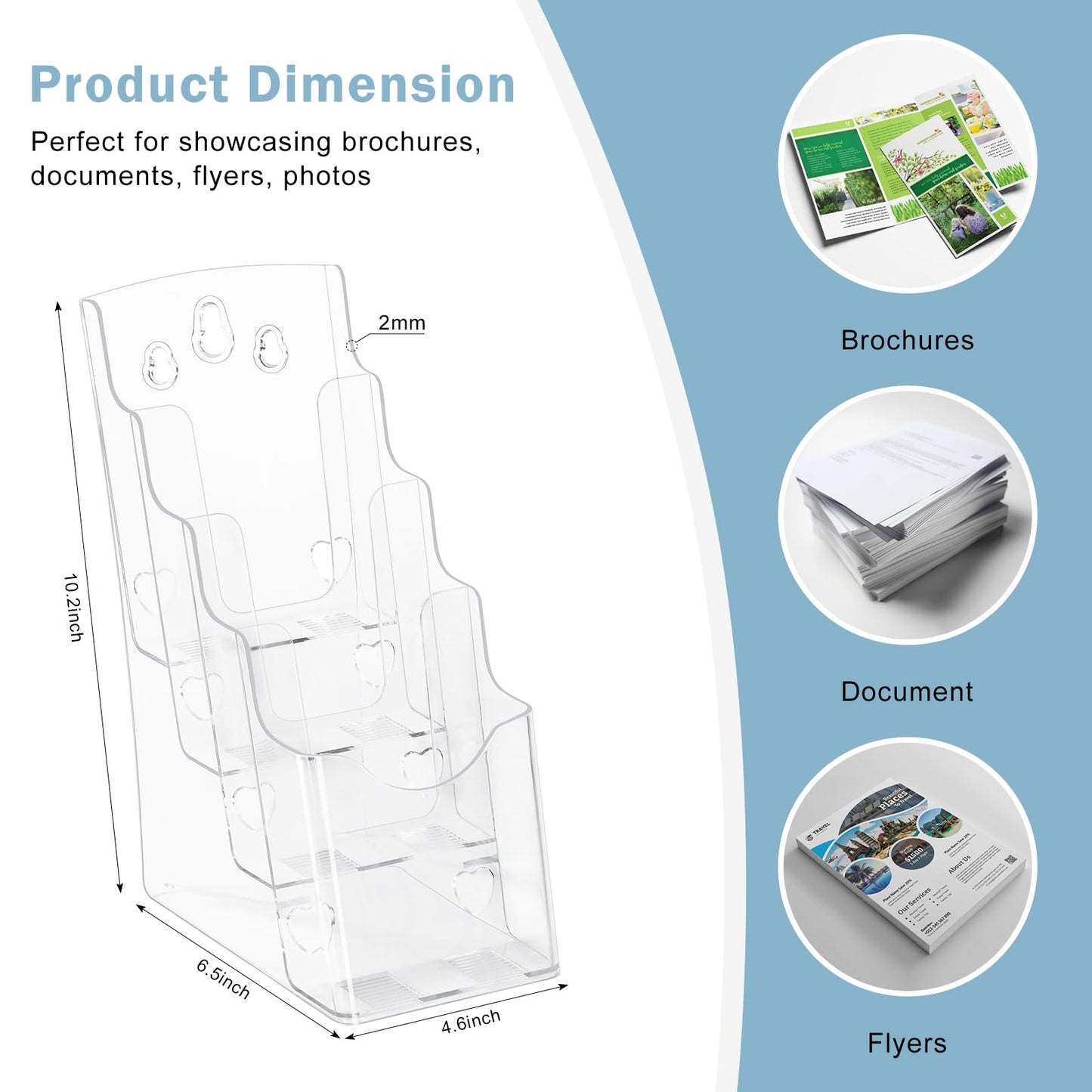 xydstay Acrylic Brochure Holder 4 x 9 Inches, 4 Tier Magazine Holder Brochure Display Stand, Clear Pamphlet Flyer Holder, Literature Booklet Holder for Countertop or Wall Mount Use, 2 Pack