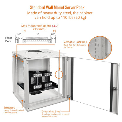 Tecmojo 12U Wall Mount Rack Network Cabinet for 19" IT Equipment,with Lockable Glass Door and Side Panels,Cooling Fan,17.7inch Depth,White