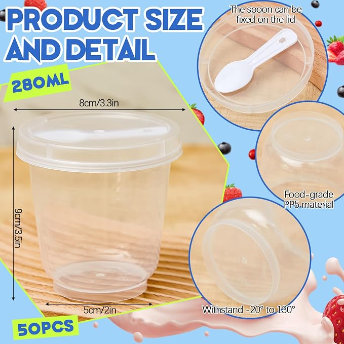 Jingmore 50 Pack 9.5oz Clear Plastic Yogurt Parfait Cups Disposable Overnight Oats Containers with Lids and Spoons Cake Fruit Jars for Food Storage Salad Ice Creams Pudding Snacks (Round Style)