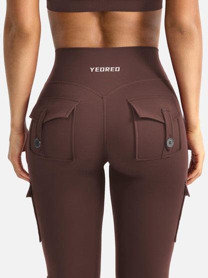 YEOREO CoreFlex Women Workout Flare Leggings with Pockets Hidden Scrunch Cargo Gym Yoga No Front Seam Leggings Chocolate L