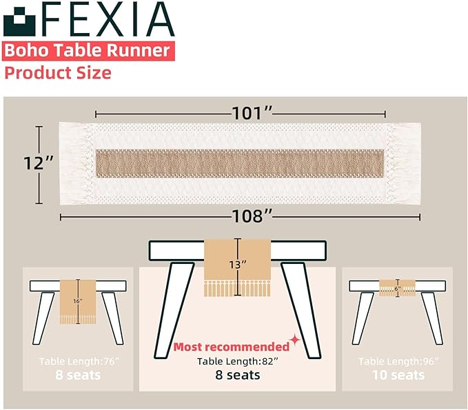 FEXIA Boho Table Runner for Summer Home Decor with Tassels 108 Inches Farmhouse Long Pottery barn Furniture Rustic Macrame Burlap Centerpieces for Tables Decoration for Living Room (12x108 Inches)