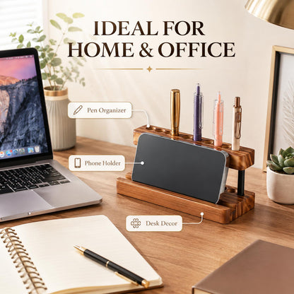 Tenceur 2 Pack Wooden Pen Holder for Desk Pencil Desk Organizer with Phone Stand and 9 Slot Dual Burned Charcoal Finish Display Stand for Fountain Pens Office and Home Stylish Office Table Decor