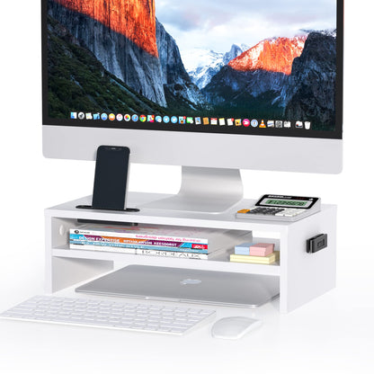BONTEC Wooden Monitor Stand Riser for Desk, 2-Tier Computer Monitor Stand with Storage, 66 lbs Desk Shelf Organizer, Laptop & Printer Stand with Phone Holder and Cable Management, White, 16.5 Inch