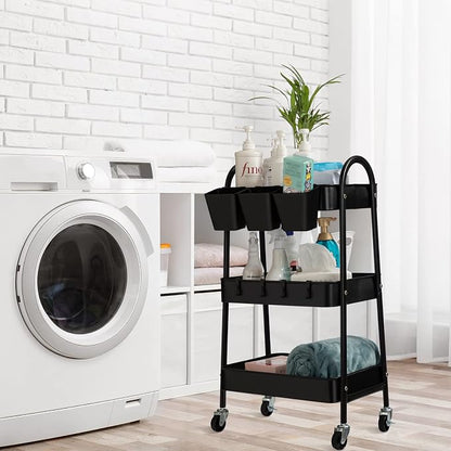 danpinera 3-Tier Rolling Cart, Utility Cart Mobile Metal Rolling Storage Cart with Lockable Wheels & Hanging Cups & Hooks for Kitchen, Bathroom, Office, Workshop, Black