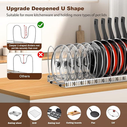 Housolution 2 Pack Pot and Pan Organizer, 12"-23" Expandable Pot Lid Organizer with 14 Adjustable Dividers, Pan Lid Holder Storage Rack for Cabinet, Silver
